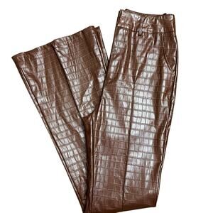 PRETTYLITTLETHING Tall Chocolate Faux Leather Croc Embossed Flare Pant Sz 6